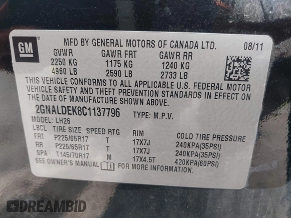 2012 Chevrolet Equinox LT w/1LT with VIN 2GNALDEK8C1137796, listed as a IAAI auction lot 42052403 with 180,200 mi miles. Bid and sale history available at carsss.com. Image 9.