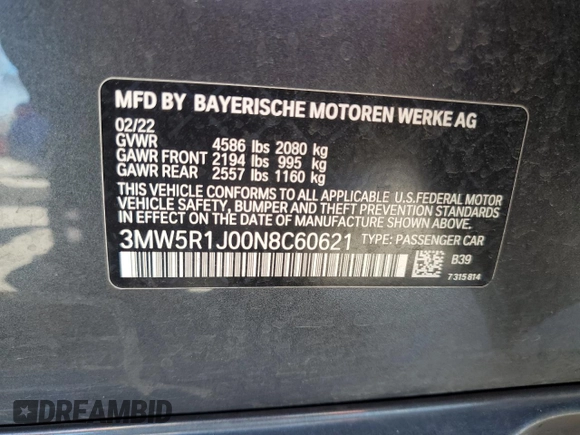 2022 BMW 3 Series 330i with VIN 3MW5R1J00N8C60621, listed as a Copart auction lot 56243465 with 71,940 mi miles and Salvage title. Bid and sale history available at DreamBid. Image 12.