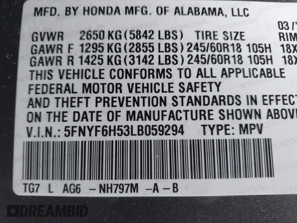 2020 Honda Pilot EX-L z VIN 5FNYF6H53LB059294, wystawiony jako IAAI lot #41910511 z przebiegiem 55 737 mil mil oraz . Historia ofert i sprzedaży dostępna na DreamBid. Obrazek 9.