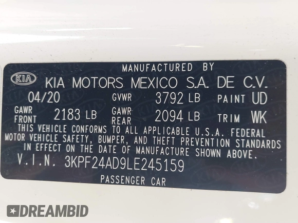 2020 Kia Forte LXS with VIN 3KPF24AD9LE245159, listed as a IAAI auction lot 40423682 with 54,667 mi miles and . Bid and sale history available at carsss.com. Image 9.