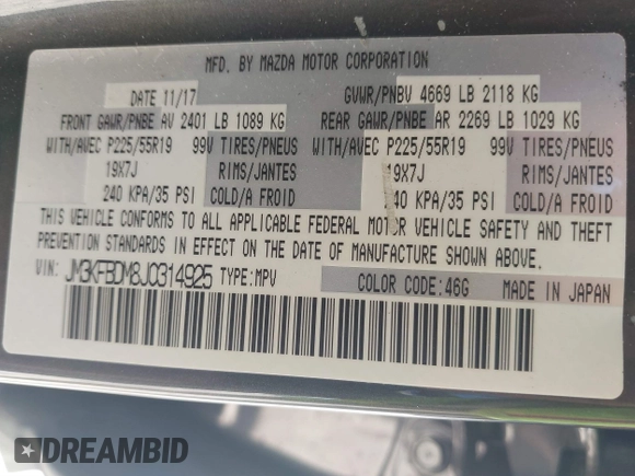 2018 Mazda CX-5 Grand Touring with VIN JM3KFBDM8J0314925, listed as a IAAI auction lot 41825917 with 70,027 mi miles. Bid and sale history available at carsss.com. Image 9.