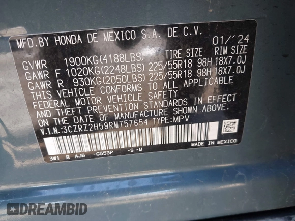 2024 Honda HR-V Sport z VIN 3CZRZ2H59RM757654, wystawiony jako IAAI lot #41992927 z przebiegiem 20 486 mil mil oraz . Historia ofert i sprzedaży dostępna na DreamBid. Obrazek 9.