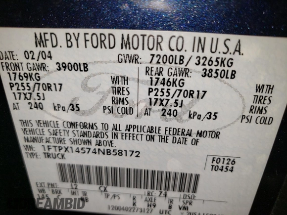 2004 Ford F-150 XLT with VIN 1FTPX14574NB58172, listed as a Copart auction lot 60888445 with 105,439 mi miles and Salvage title. Bid and sale history available at DreamBid. Image 12.