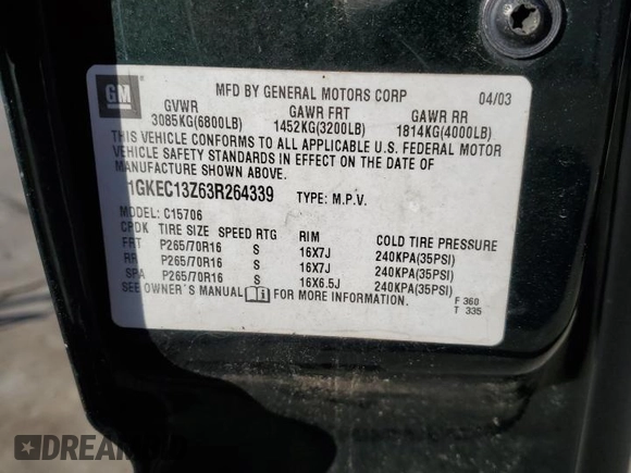 2003 GMC Yukon SLT with VIN 1GKEC13Z63R264339, listed as a Copart auction lot 46139455 with 341,649 mi miles and Salvage Title. Bid and sale history available at carsss.com. Image 15.