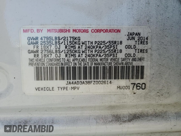 2015 Mitsubishi Outlander SE with VIN JA4AD3A38FZ002614, listed as a Copart auction lot 57643295 with 95,419 mi miles and Salvage title. Bid and sale history available at DreamBid. Image 14.