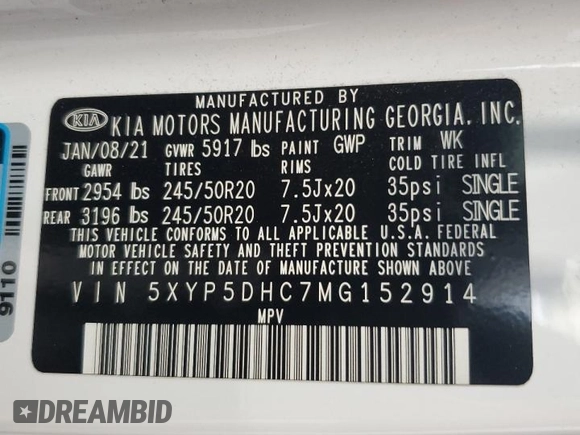 2021 Kia Telluride SX with VIN 5XYP5DHC7MG152914, listed as a Copart auction lot 54172835 with 109,105 mi miles and Salvage title. Bid and sale history available at DreamBid. Image 13.
