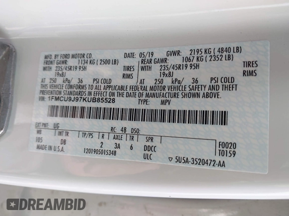 2019 Ford Escape Titanium with VIN 1FMCU9J97KUB85528, listed as a IAAI auction lot 41708344 with 88,841 mi miles. Bid and sale history available at carsss.com. Image 9.