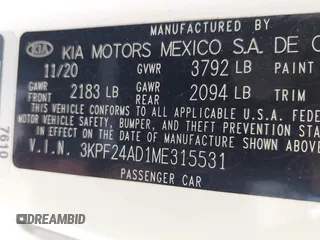 2021 Kia Forte LXS z VIN 3KPF24AD1ME315531, wystawiony jako IAAI lot #42286920 z przebiegiem 88 727 mil mil oraz . Historia ofert i sprzedaży dostępna na DreamBid. Obrazek 9.
