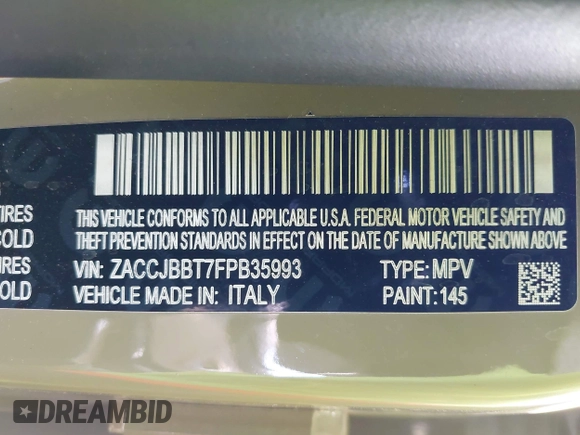 2015 Jeep Renegade Latitude with VIN ZACCJBBT7FPB35993, listed as a IAAI auction lot 42055165 with 65,413 mi miles. Bid and sale history available at carsss.com. Image 9.