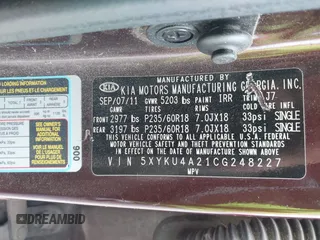 2012 Kia Sorento EX with VIN 5XYKU4A21CG248227, listed as a IAAI auction lot 42036333 with 1 mi miles. Bid and sale history available at carsss.com. Image 9.