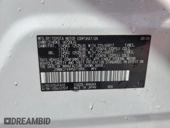 2009 Toyota RAV4 Ltd with VIN JTMBK31V495071894, listed as a Copart auction lot 49828785 with 72,948 mi miles and Salvage Title. Bid and sale history available at carsss.com. Image 14.