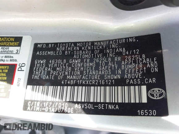 2012 Toyota Camry L with VIN 4T4BF1FKXCR216121, listed as a IAAI auction lot 41942104 with 153,448 mi miles. Bid and sale history available at carsss.com. Image 9.