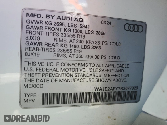 2024 Audi Q5 S line Premium Plus with VIN WA1E2AFY7R2077320, listed as a Copart auction lot 56763335 with 10,650 mi miles and Salvage title. Bid and sale history available at DreamBid. Image 12.