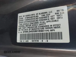 2016 Honda Odyssey Touring Elite with VIN 5FNRL5H92GB018560, listed as a IAAI auction lot 41796605 with 83,234 mi miles and . Bid and sale history available at carsss.com. Image 9.