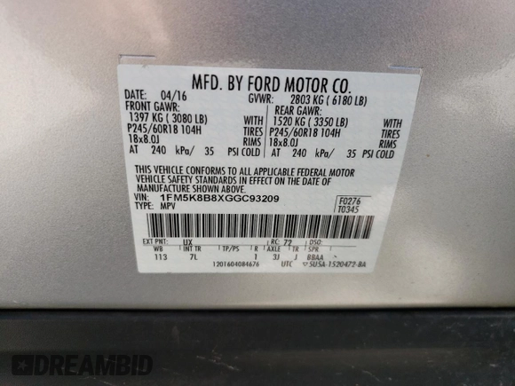 2016 Ford Explorer with VIN 1FM5K8B8XGGC93209, listed as a Copart auction lot 51623265 with 76,017 mi miles and Salvage Title. Bid and sale history available at DreamBid. Image 12.