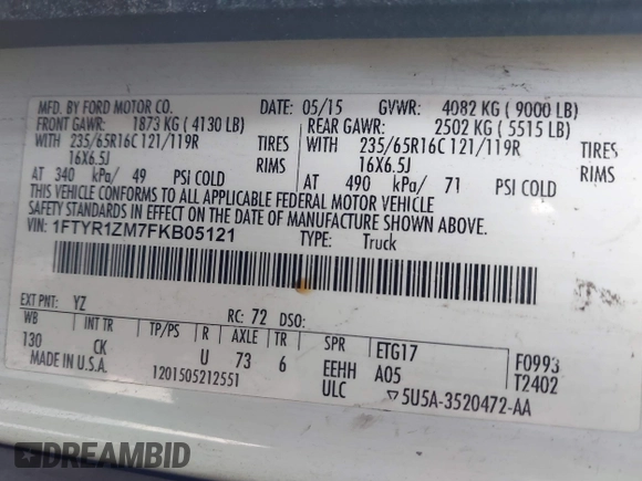 2015 Ford Transit Cargo with VIN 1FTYR1ZM7FKB05121, listed as a IAAI auction lot 41461900 with 190,821 mi miles and . Bid and sale history available at DreamBid. Image 9.