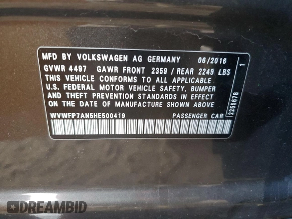 2017 Volkswagen CC R-Line Executive with VIN WVWFP7AN5HE500419, listed as a Copart auction lot 67647164 with 86,625 mi miles and Salvage Title. Bid and sale history available at DreamBid. Image 12.