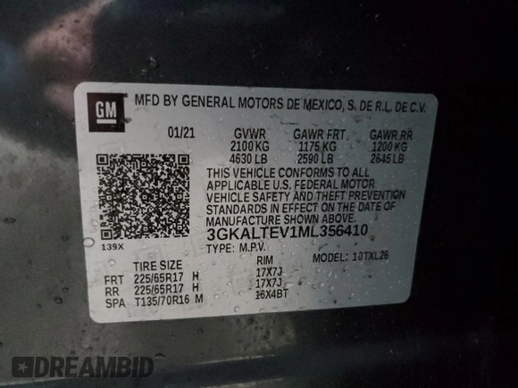 2021 GMC Terrain SLE with VIN 3GKALTEV1ML356410, listed as a Copart auction lot 45262545 with 48,847 mi miles and Salvage Title. Bid and sale history available at carsss.com. Image 14.