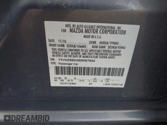 2011 Mazda Mazda6 i Sport with VIN 1YVHZ8BH3B5M07854, listed as a IAAI auction lot 41780621 with 175,036 mi miles. Bid and sale history available at carsss.com. Image 9.