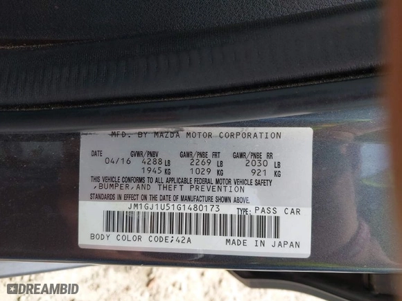 2016 Mazda Mazda6 i Sport with VIN JM1GJ1U51G1480173, listed as a IAAI auction lot 41920459 with 168,090 mi miles. Bid and sale history available at carsss.com. Image 9.