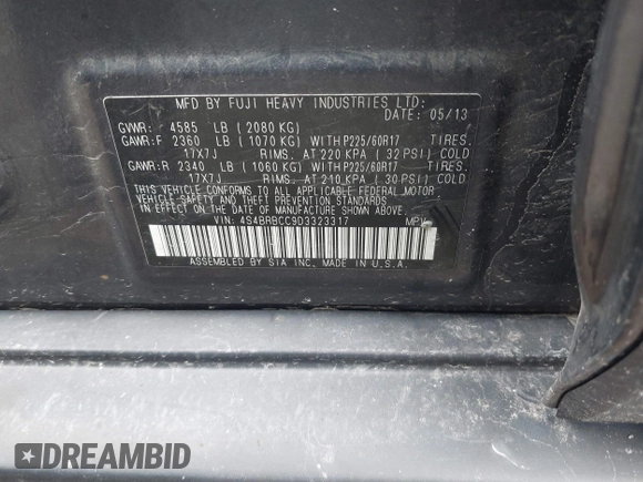 2013 Subaru Outback Premium z VIN 4S4BRBCC9D3323317, wystawiony jako IAAI lot #42303328 z przebiegiem 199 802 mil mil oraz . Historia ofert i sprzedaży dostępna na DreamBid. Obrazek 9.