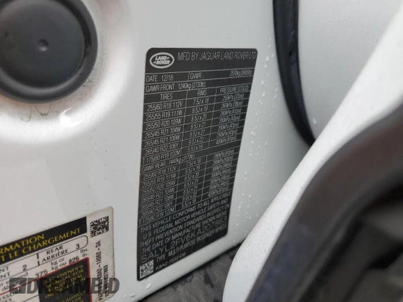 2019 Land Rover Range Rover Velar R-Dynamic SE with VIN SALYL2FV6KA207863, listed as a Copart auction lot 43774575 with 72,184 mi miles and Salvage title. Bid and sale history available at DreamBid. Image 12.