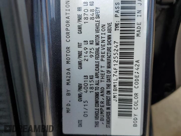 2015 Mazda 3 i Touring with VIN JM1BM1L74F1255247, listed as a Copart auction lot 60755455 with 102,554 mi miles and Salvage title. Bid and sale history available at DreamBid. Image 13.