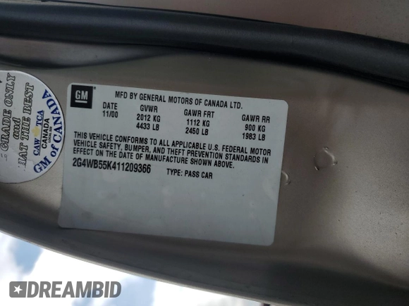 2001 Buick Regal LS z VIN 2G4WB55K411209366, wystawiony jako Copart lot #58963615 z przebiegiem 152 429 mil mil oraz Szkoda całkowita • Salvage title. Historia ofert i sprzedaży dostępna na DreamBid. Obrazek 12.