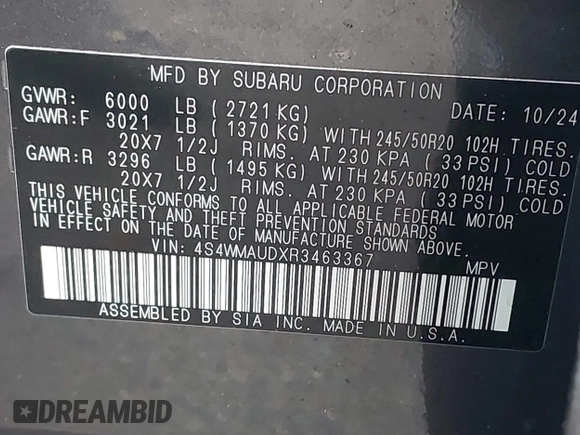 2024 Subaru Ascent Limited z VIN 4S4WMAUDXR3463367, wystawiony jako IAAI lot #41925099 z przebiegiem 5 652 mil mil oraz . Historia ofert i sprzedaży dostępna na DreamBid. Obrazek 9.