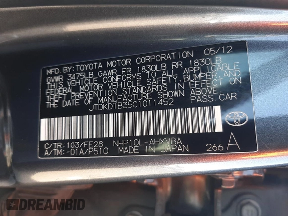 2012 Toyota Prius One z VIN JTDKDTB35C1011452, wystawiony jako Copart lot #57456855 z przebiegiem 120 545 mil mil oraz Szkoda całkowita • Salvage title. Historia ofert i sprzedaży dostępna na DreamBid. Obrazek 12.