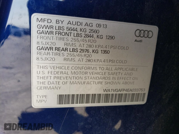 2014 Audi SQ5 Prestige with VIN WA1VGAFP4EA033753, listed as a Copart auction lot 51657325 with 89,119 mi miles and Salvage title. Bid and sale history available at DreamBid. Image 13.