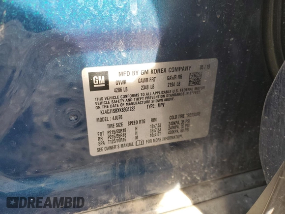 2019 Buick Encore Sport Touring with VIN KL4CJ1SBXKB934232, listed as a Copart auction lot 86957754 with 75,680 mi miles and Salvage Title. Bid and sale history available at DreamBid. Image 14.