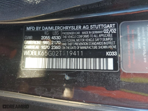 2002 Mercedes-Benz CLK-Class with VIN WDBLK65G02T119411, listed as a Copart auction lot 74130314 with 0 mi miles and Non Repairable. Bid and sale history available at carsss.com. Image 13.
