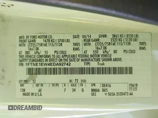 2014 Ford Econoline Cargo Commercial with VIN 1FTNE1EW4EDA92742, listed as a IAAI auction lot 41702320 with 207,179 mi miles and . Bid and sale history available at DreamBid. Image 9.