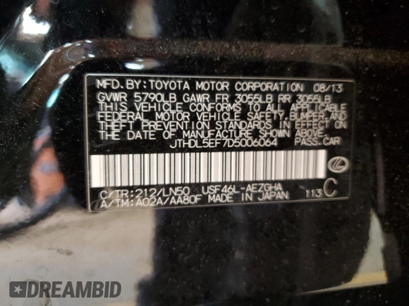 2013 Lexus LS 460 L with VIN JTHDL5EF7D5006064, listed as a Copart auction lot 54825875 with 151,236 mi miles and Salvage title. Bid and sale history available at DreamBid. Image 12.