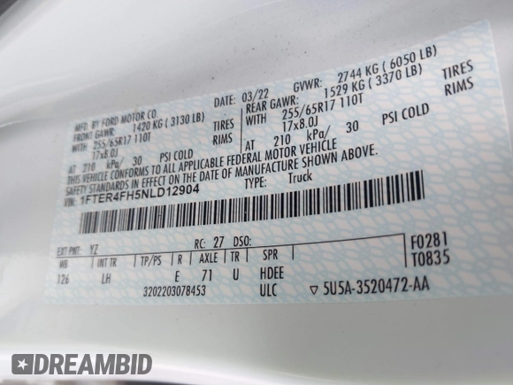 2022 Ford Ranger XL with VIN 1FTER4FH5NLD12904, listed as a IAAI auction lot 42470580 with 34,489 mi miles and . Bid and sale history available at DreamBid. Image 9.