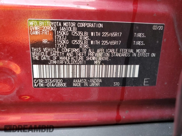 2020 Toyota RAV4 LE with VIN JTMH1RFV3LD052811, listed as a Copart auction lot 54437205 with 112,354 mi miles and Clean Title. Bid and sale history available at DreamBid. Image 13.