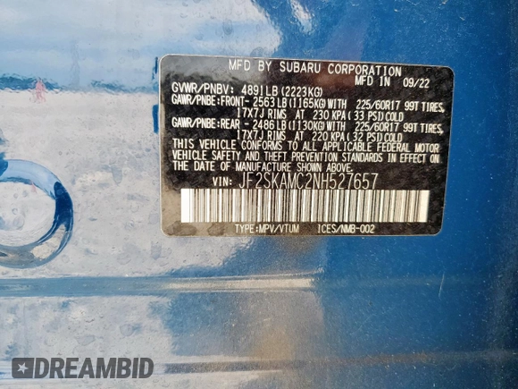2022 Subaru Forester Wilderness with VIN JF2SKAMC2NH527657, listed as a Copart auction lot 57845595 with 36,981 mi miles and Salvage title. Bid and sale history available at DreamBid. Image 14.