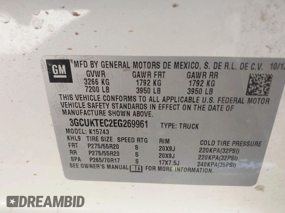 2014 Chevrolet Silverado 1500 High Country with VIN 3GCUKTEC2EG269961, listed as a IAAI auction lot 42054082 with 165,209 mi miles and . Bid and sale history available at DreamBid. Image 9.