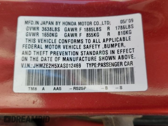 2010 Honda Insight LX with VIN JHMZE2H5XAS012469, listed as a Copart auction lot 59238935 with 271,731 mi miles and Clean title. Bid and sale history available at DreamBid. Image 12.