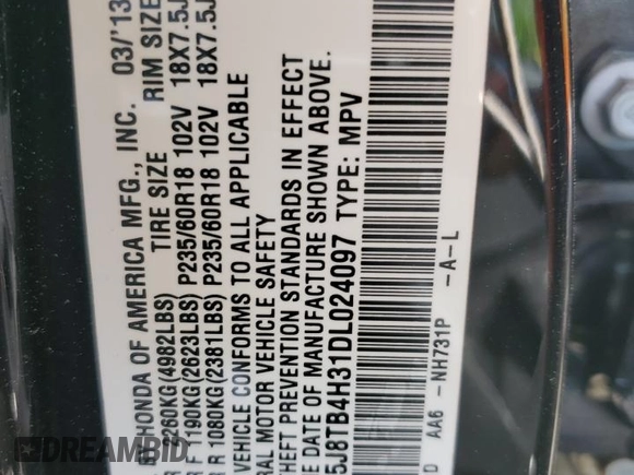 2013 Acura RDX with VIN 5J8TB4H31DL024097, listed as a Copart auction lot 57666335 with 125,038 mi miles and Salvage title. Bid and sale history available at DreamBid. Image 13.