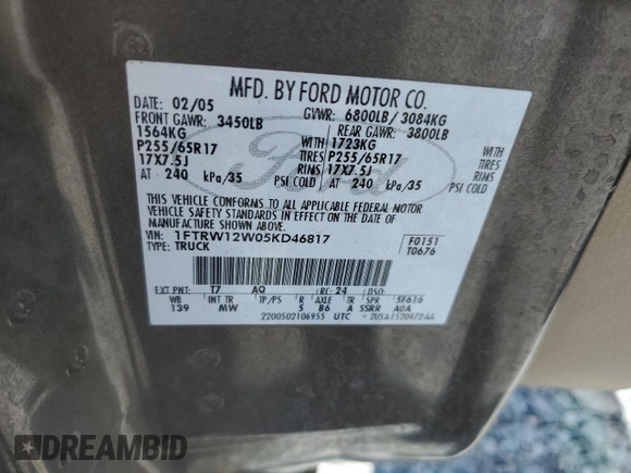 2005 Ford F-150 XLT with VIN 1FTRW12W05KD46817, listed as a Copart auction lot 60989615 with Not provided miles and Salvage title. Bid and sale history available at DreamBid. Image 12.