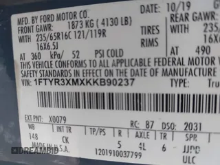 2019 Ford Transit with VIN 1FTYR3XMXKKB90237, listed as a IAAI auction lot 41859617 with 86,081 mi miles and . Bid and sale history available at DreamBid. Image 9.