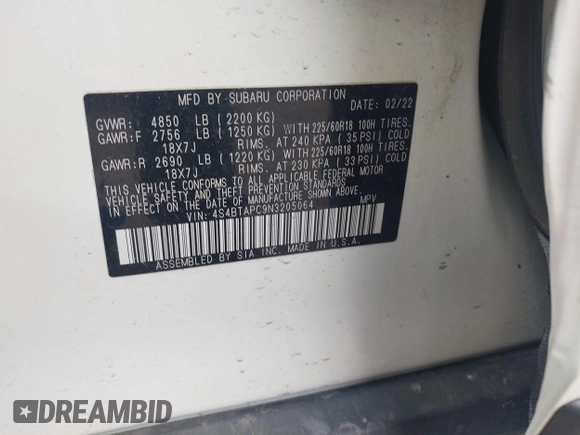 2022 Subaru Outback Touring with VIN 4S4BTAPC9N3205064, listed as a IAAI auction lot 42023703 with 71,289 mi miles and . Bid and sale history available at DreamBid. Image 9.