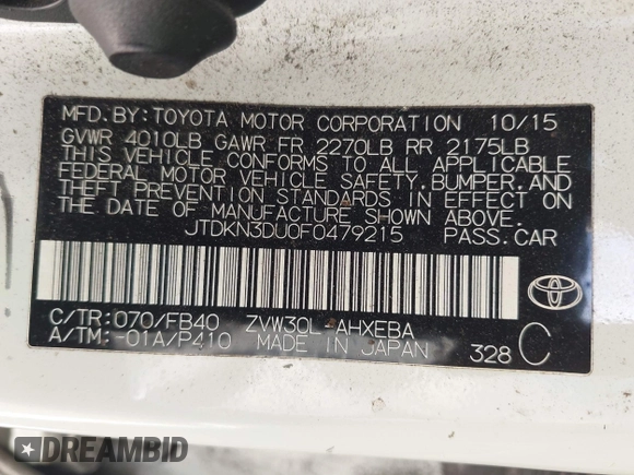 2015 Toyota Prius Four with VIN JTDKN3DU0F0479215, listed as a IAAI auction lot 41949034 with 173,028 mi miles. Bid and sale history available at carsss.com. Image 9.