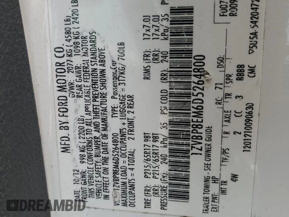 2013 Ford Mustang V6 with VIN 1ZVBP8EM6D5264800, listed as a Copart auction lot 52551845 with 185,217 mi miles and Salvage title. Bid and sale history available at DreamBid. Image 13.