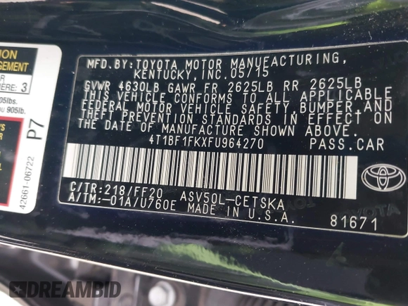 2015 Toyota Camry XLE with VIN 4T1BF1FKXFU964270, listed as a IAAI auction lot 42194964 with 64,369 mi miles and . Bid and sale history available at DreamBid. Image 9.