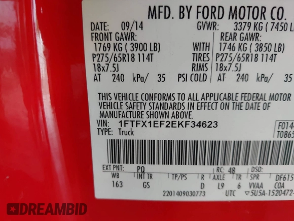 2014 Ford F-150 XL z VIN 1FTFX1EF2EKF34623, wystawiony jako IAAI lot #42614241 z przebiegiem 239 192 mil mil oraz . Historia ofert i sprzedaży dostępna na DreamBid. Obrazek 9.