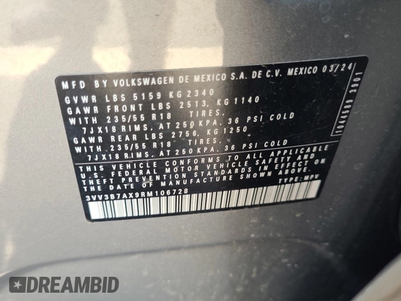 2024 Volkswagen Tiguan SE с VIN 3VV3B7AX9RM106728, выставлен на аукционе IAAI как лот 42845194 с пробегом 23 946 миль миль и . История ставок и продаж доступна на DreamBid. Изображение 20.
