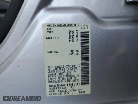 2019 Nissan Altima 2.5 SL with VIN 1N4BL4EV6KC184332, listed as a Copart auction lot 46056705 with 70,179 mi miles and Non Repairable. Bid and sale history available at carsss.com. Image 12.